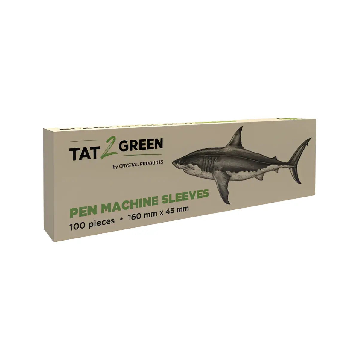 Beige cardboard box of tat2green black pen machine sleeves featuring a black and white shark illustration