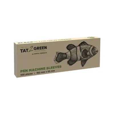 Tat2green black pen machine sleeves featuring illustrated clownfish design in a cardboard box of 100 pieces 160x60mm