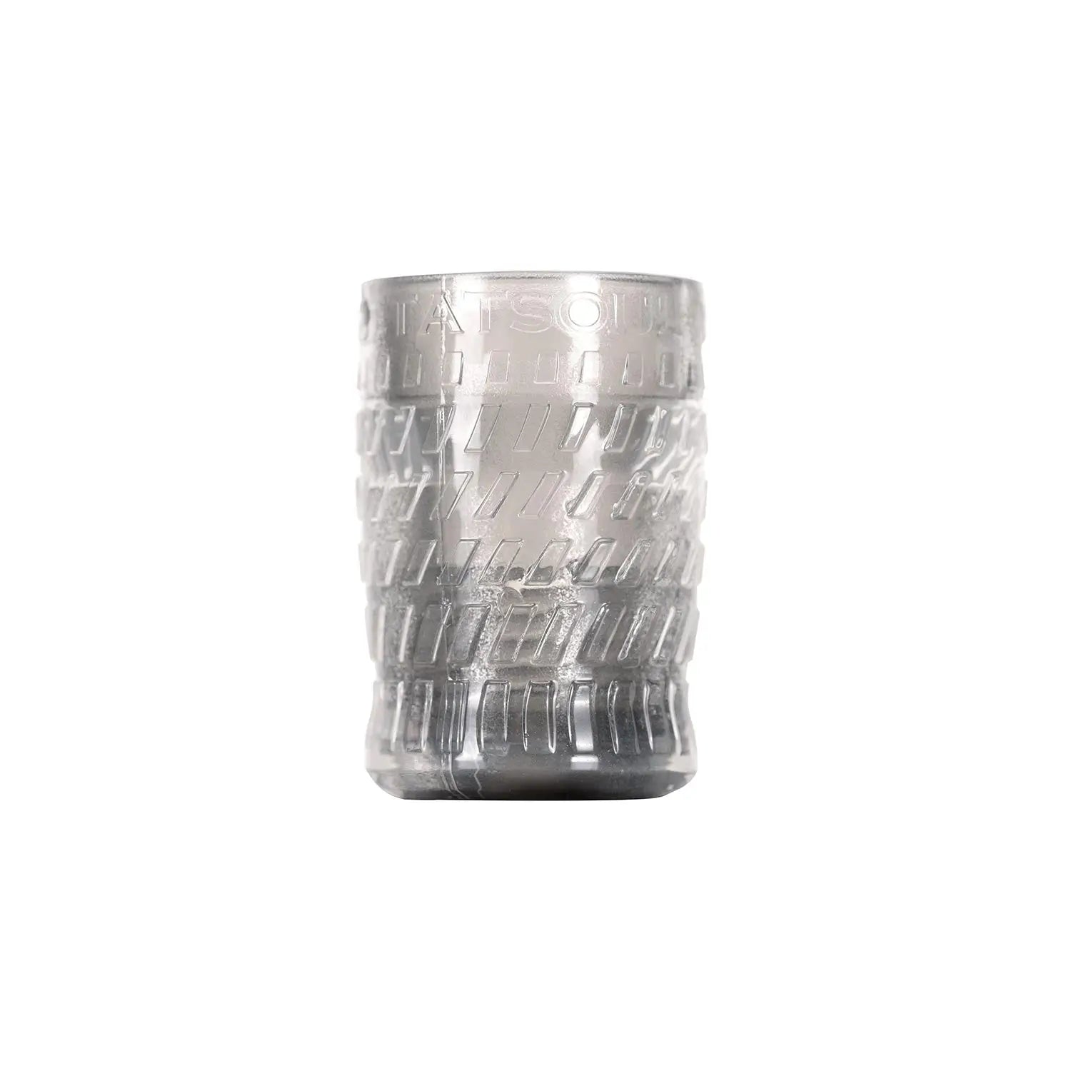 Clear glass tumbler with embossed ridges and tatsoi engraving for bishop wrath gel wand disposable grip use