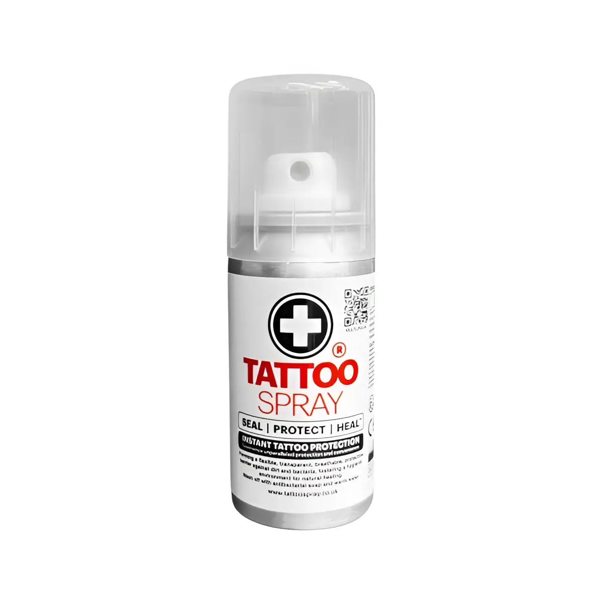 weiß-silberne tattoo spray-Dose mit transparenter Kunststoffkappe und weißer Düse, beschriftet mit tattoo spray in fetten roten Buchstaben für sofortigen Tattooschutz