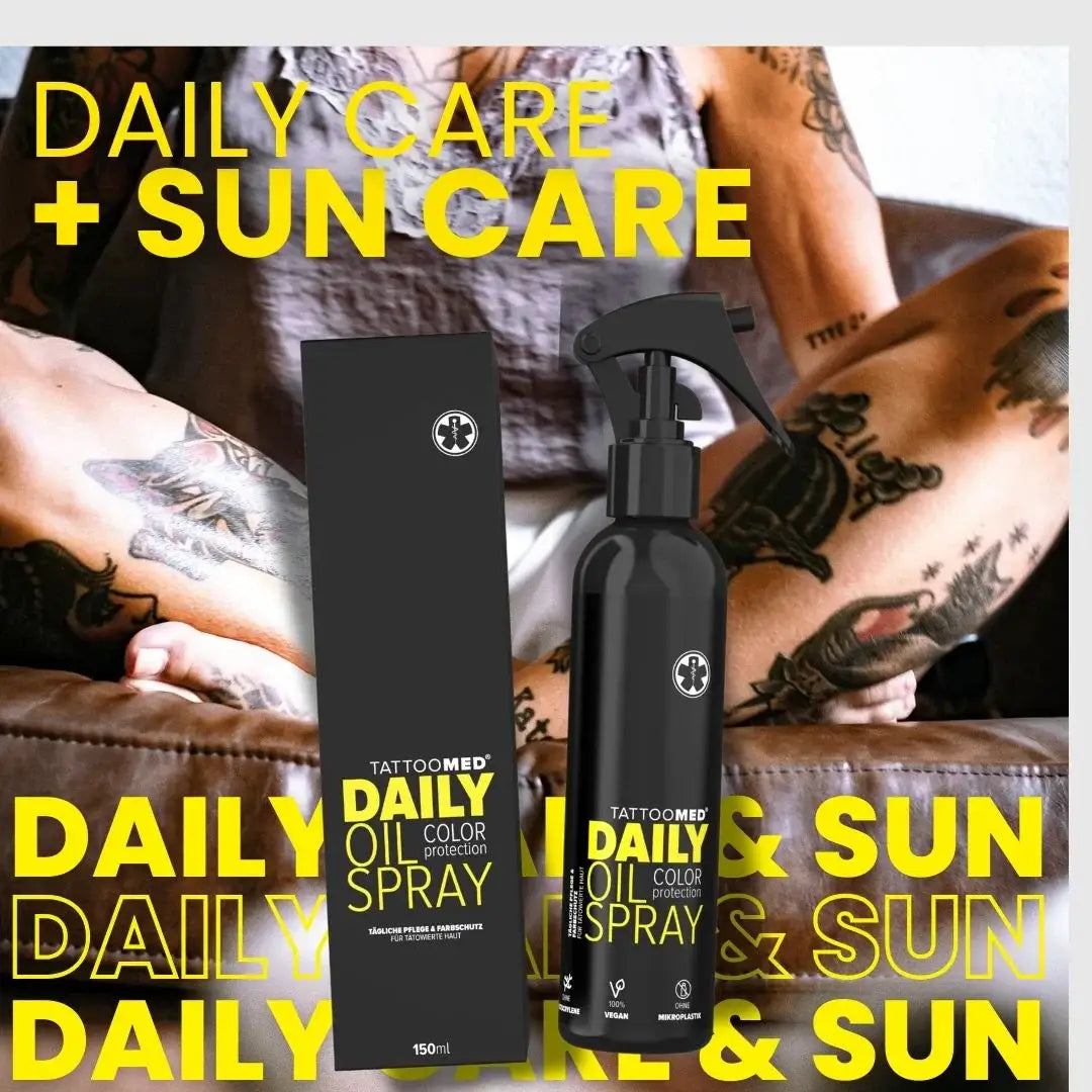 Schwarze TATTOOMED Daily Oil Sprühflasche mit Pumpe und passender Box zum Schutz der Tattoo-Farbe, 150 ml