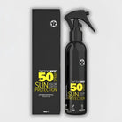 Schwarze Sprühflasche mit Auslöserdüse, beschriftet mit TATTOOMED 50 Sun Color Protection SPF50 Spray 150 ml für Sonnenschutz