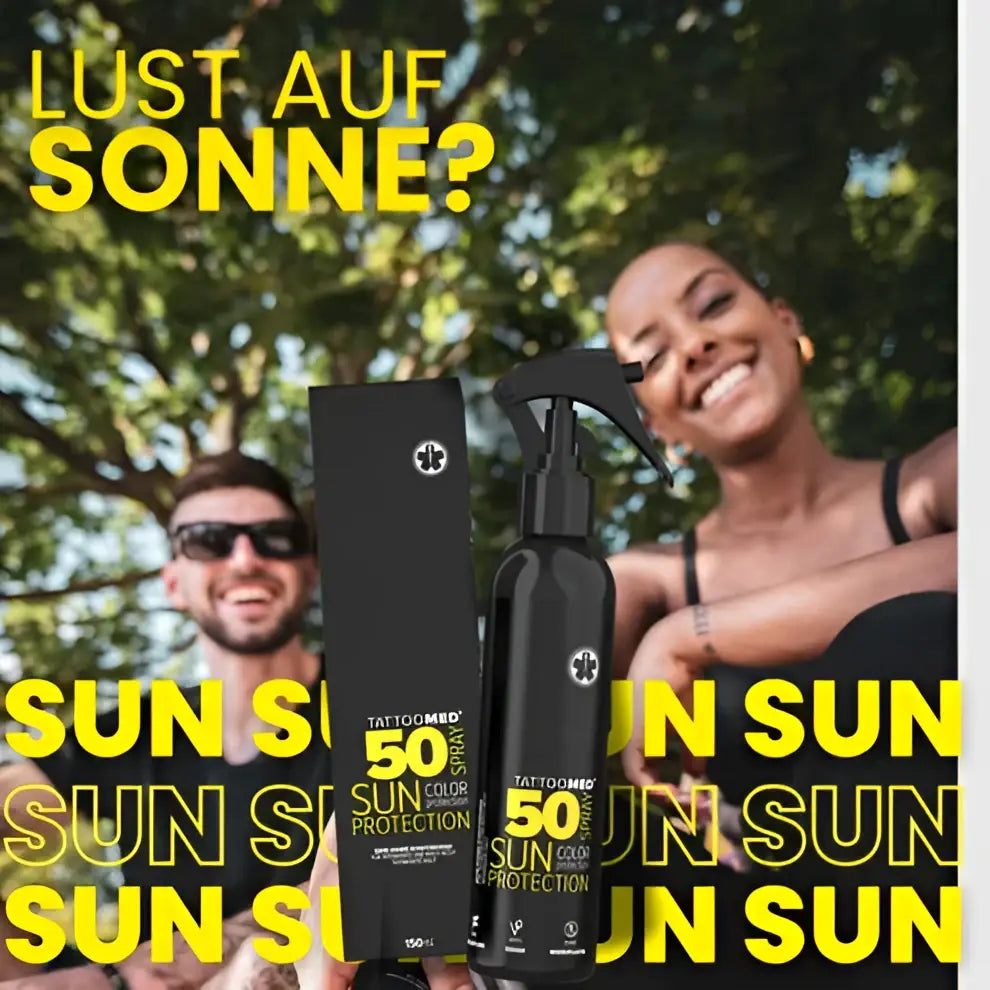Schwarze TATTOOMED Sonnenschutz-SPF50-Sprühflasche mit passender Box für 150 ml zur Tattoo-Hautpflege