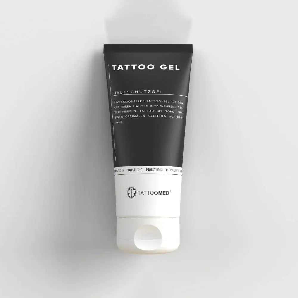 Black and white tube of TATTOOMED tattoo gel with minimalist design for skin healing 200ml container