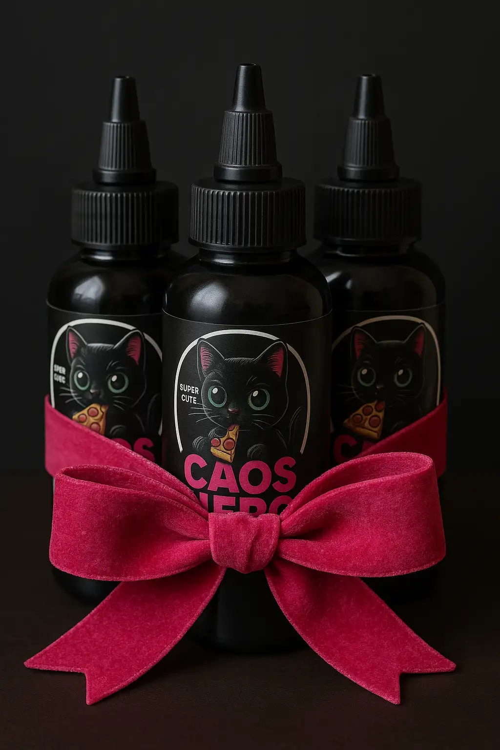 Drei schwarze Flaschen mit katzenbezogenen Etiketten und rosa Schrift, zusammengebunden mit einer leuchtend roten Samtschleife.