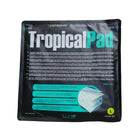 Black and teal tropicalpad brand absorbent pad packaging showing white layered tropicalderm tropicalpad product inside