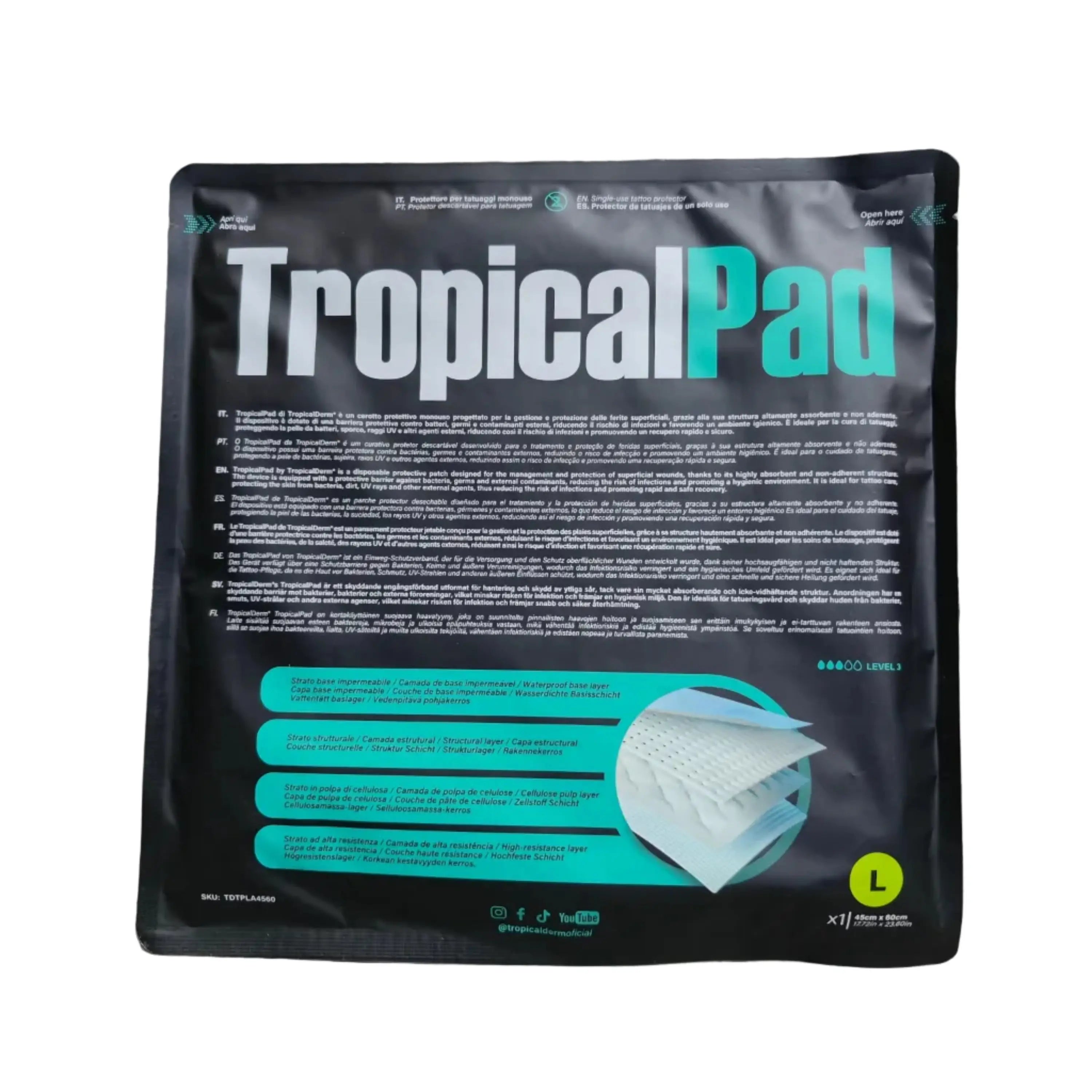 Black and teal tropicalpad brand absorbent pad packaging showing white layered tropicalderm tropicalpad product inside