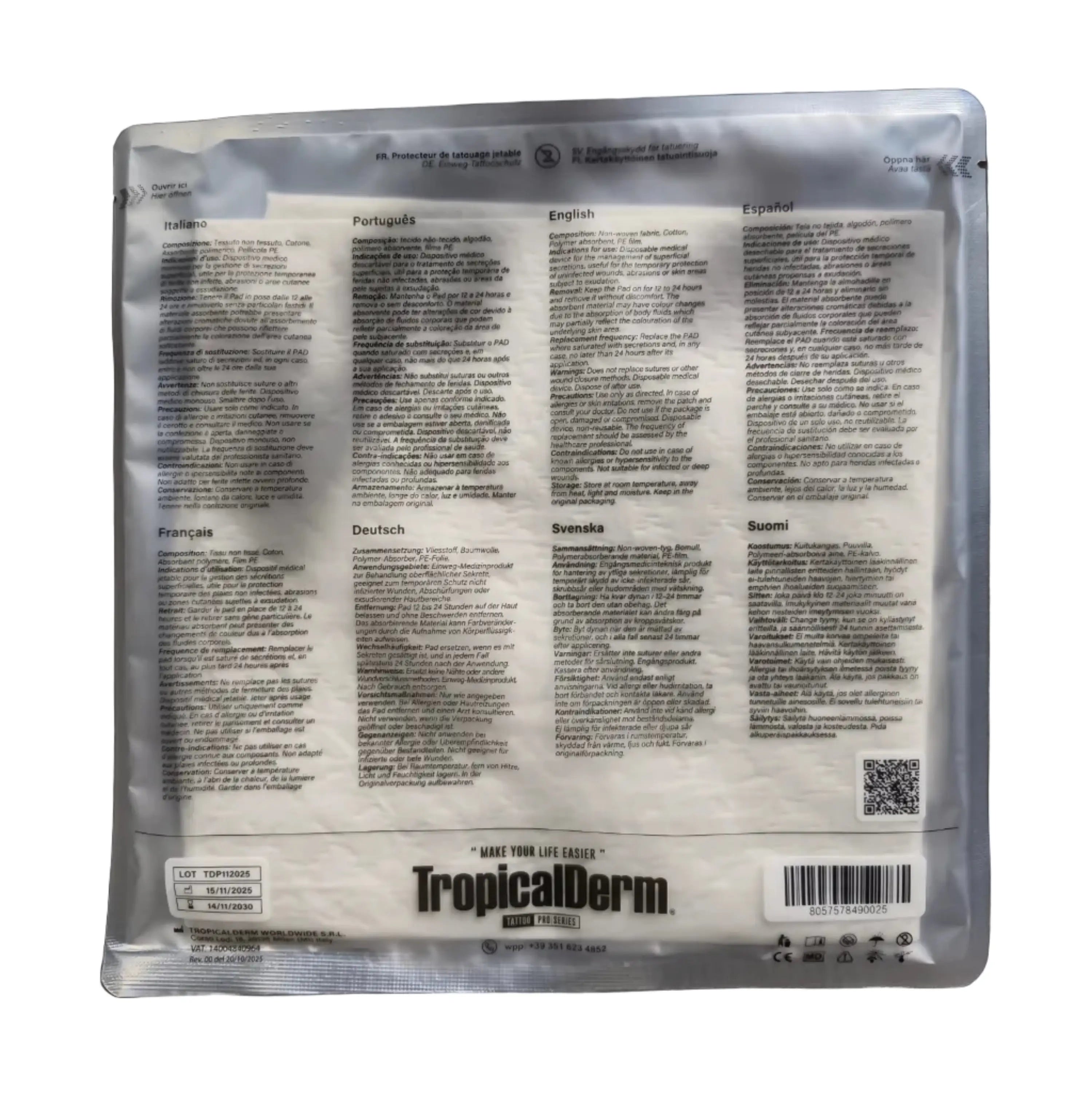 Back of tropicalderm hygiene tropical pad package with absorbent pad instructions and barcode for skin care use