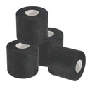 Four rolls of black athletic tape with a hand wearing a bandage on a white background