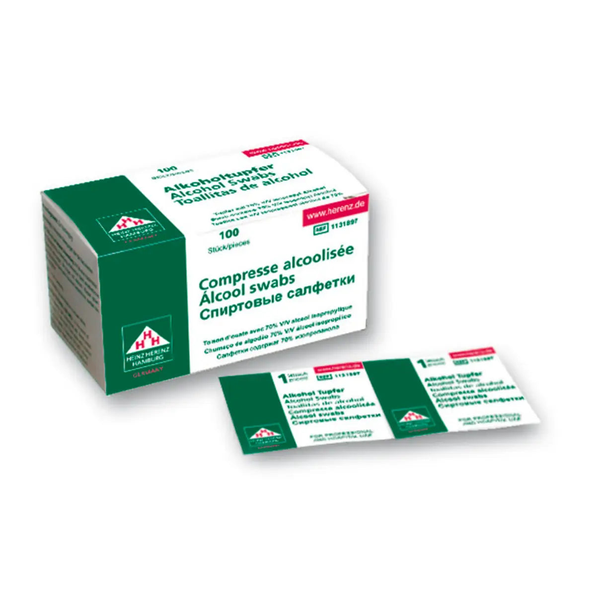 Green and white cardboard box of Heinz Henning alcohol swabs with a single foil packet beside it for individual use