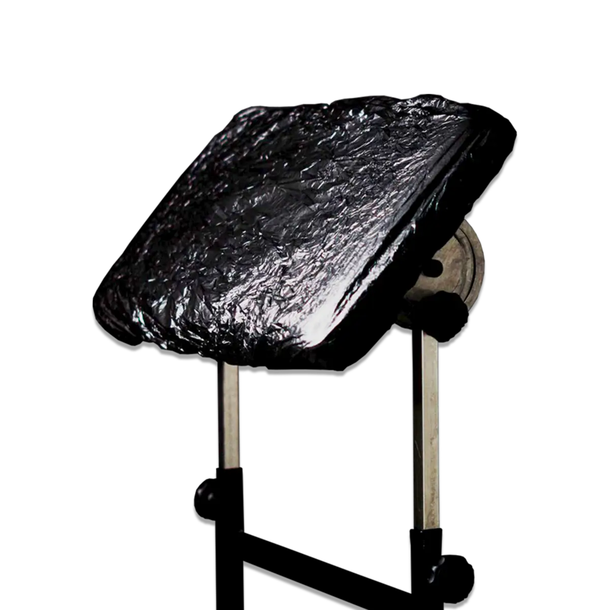 Unigloves armrest cover made of shiny black reflective material draped over a wooden stand