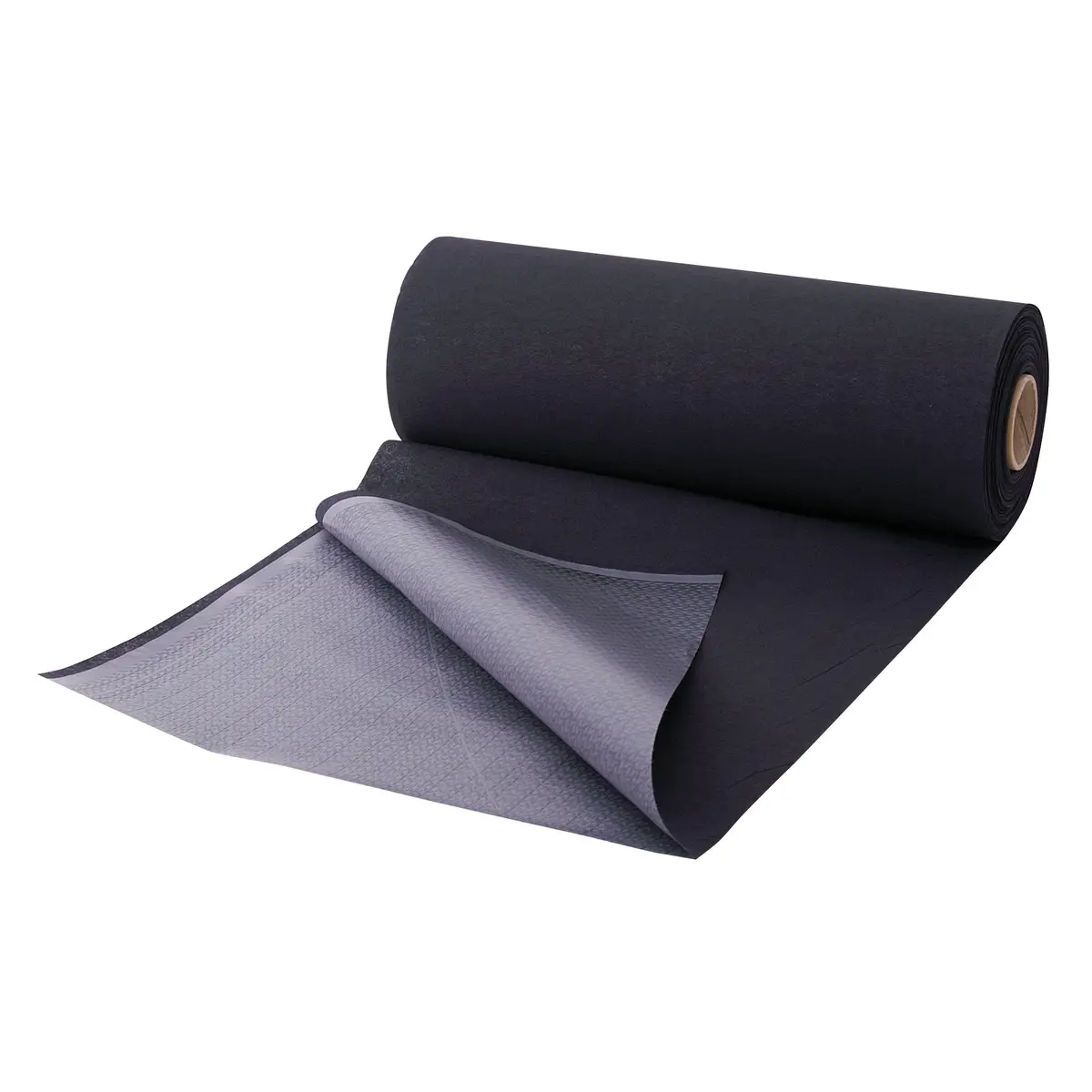 Black roll of textured fabric with gray woven underside showing the back of unigloves bed cover hygienic mat roll