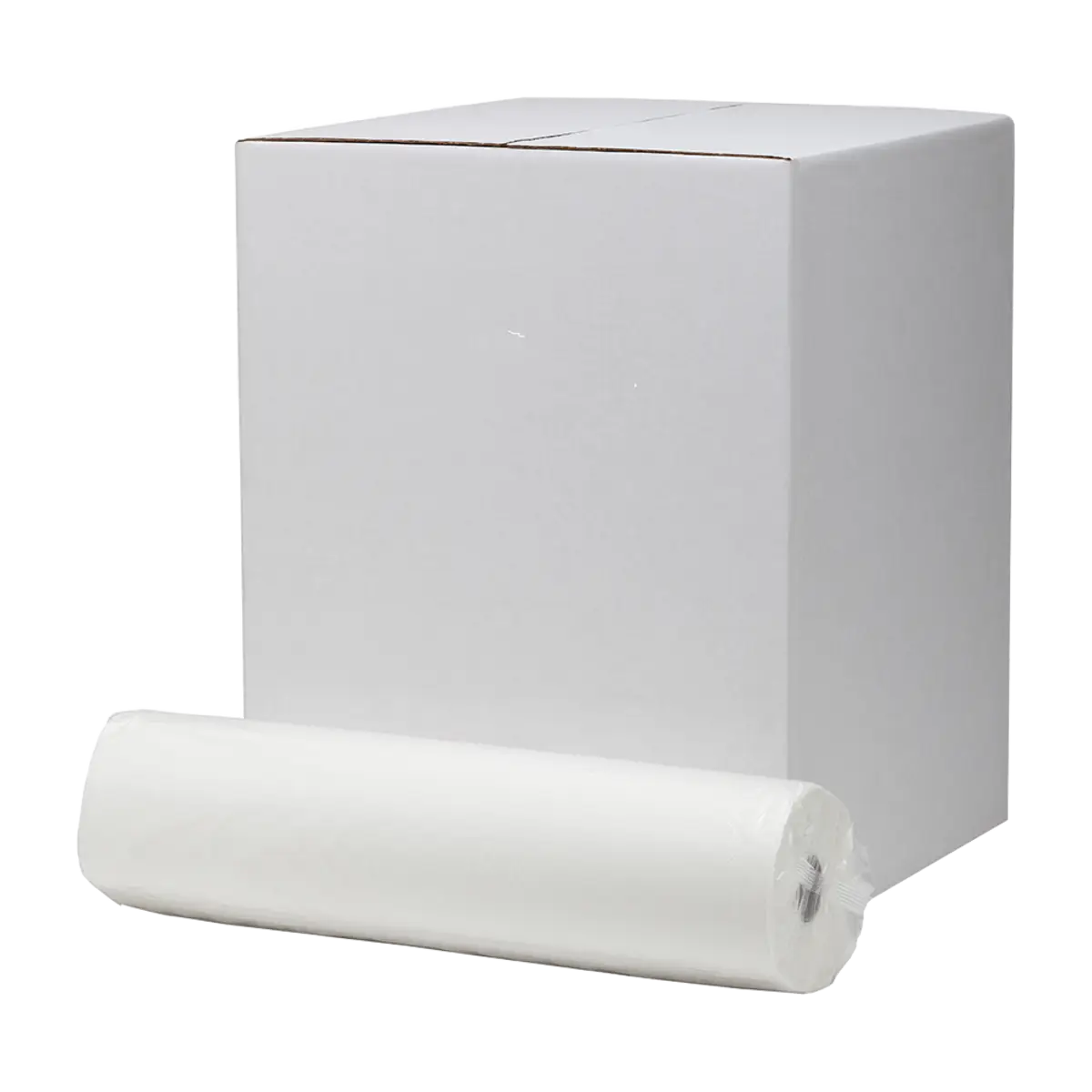 White roll of hygienic bed cover mat beside a white cardboard box from unigloves product packaging
