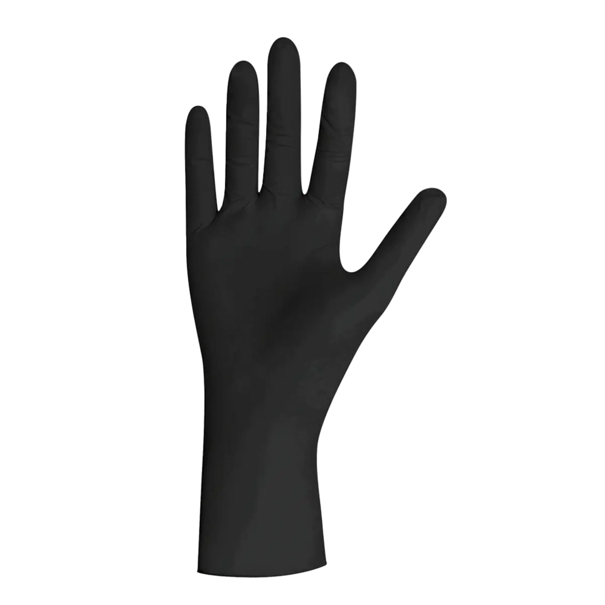 Unigloves Black Line latex gloves in black with a smooth glossy finish and natural hand shape shown from the back side