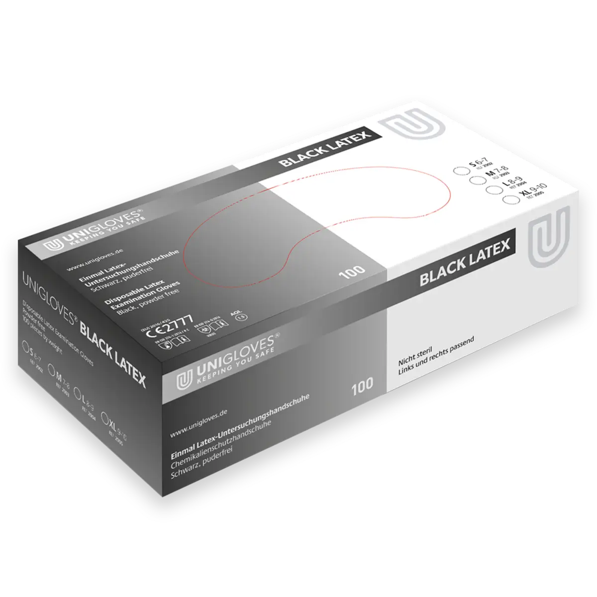 A sleek white and gray box of unigloves black latex disposable examination gloves with bold text and red line detailing