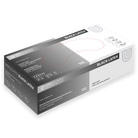 A sleek white and gray box of unigloves black latex disposable examination gloves with bold text and red line detailing