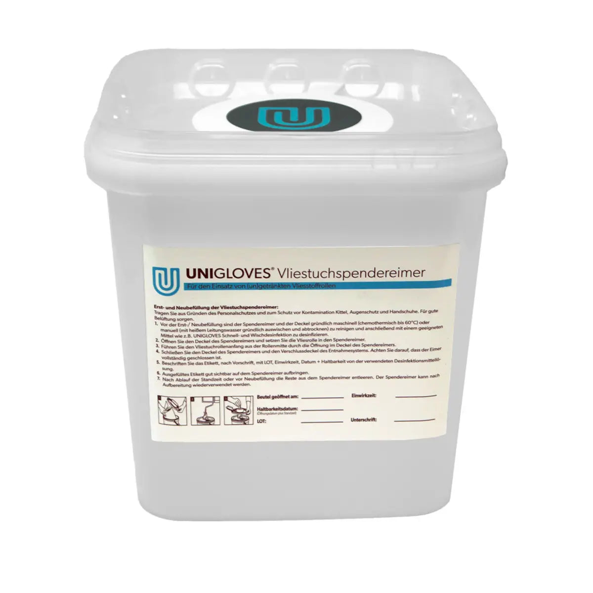 White plastic unigloves tissue dispenser bucket with black circular logo lid for non-woven cloth storage