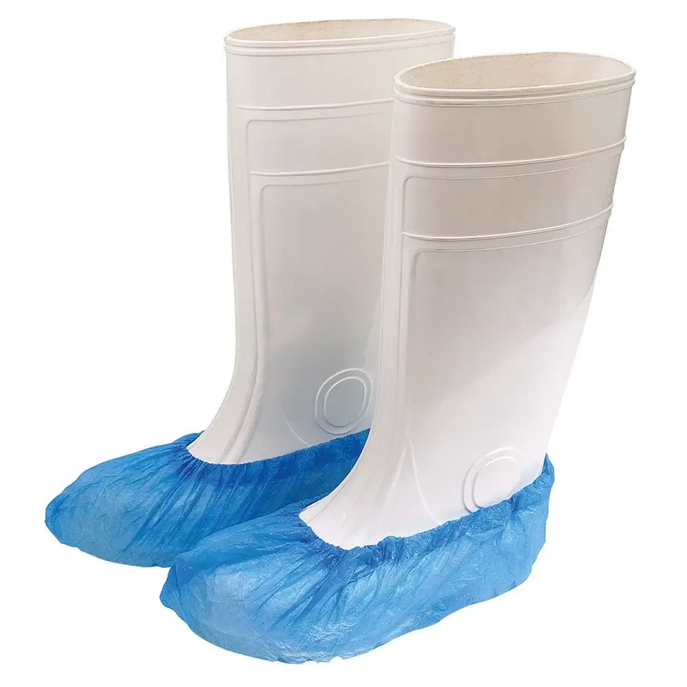 White plastic boot covers with blue cpe disposable shoe protectors from unigloves 100pcs pack