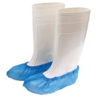 White plastic boot covers with blue cpe disposable shoe protectors from unigloves 100pcs pack