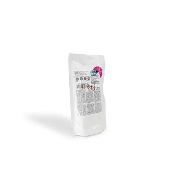 White refill pouch with pink logo and black text for unigloves disinfectant wipes plus classic refill