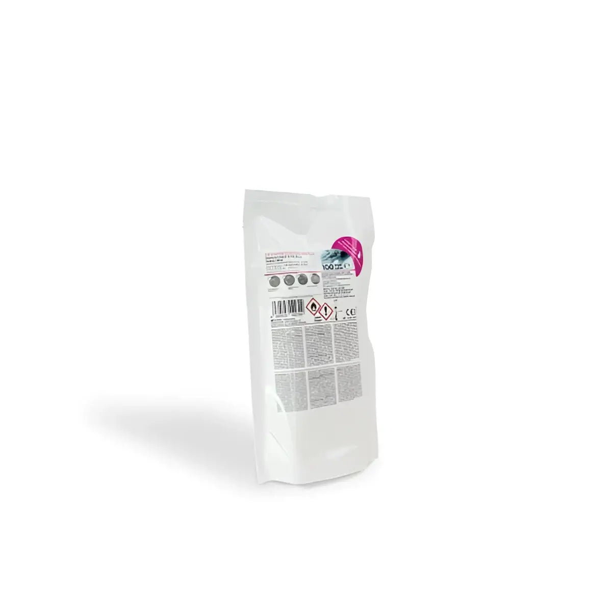 White refill pouch with pink logo and black text for unigloves disinfectant wipes plus classic refill