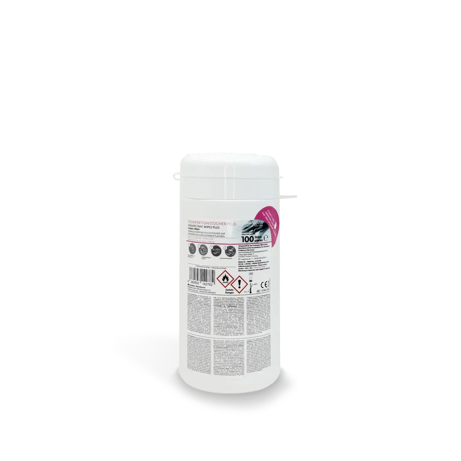 White cylindrical container of unigloves disinfectant wipes plus classic with pink label and barcode on the back side