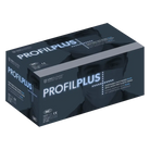 Dark blue rectangular box of unigloves profilplus black disposable face masks with white and gray text and mask image
