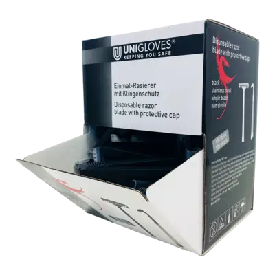 Black disposable razor with protective cap packaged in a white and black Unigloves box for single use