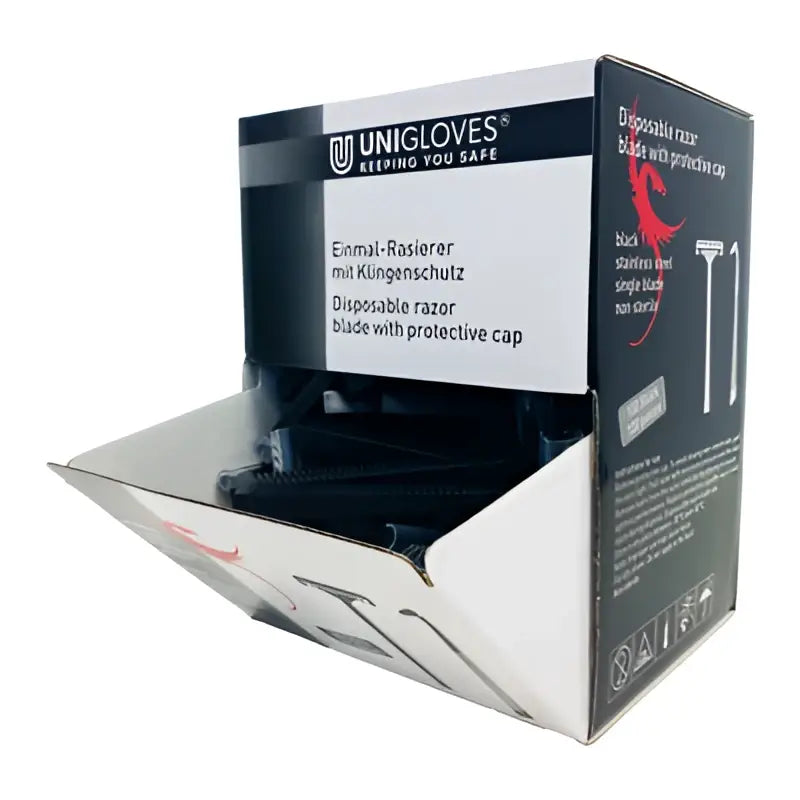 Black disposable razor with protective cap packaged in a white and black Unigloves box for single use