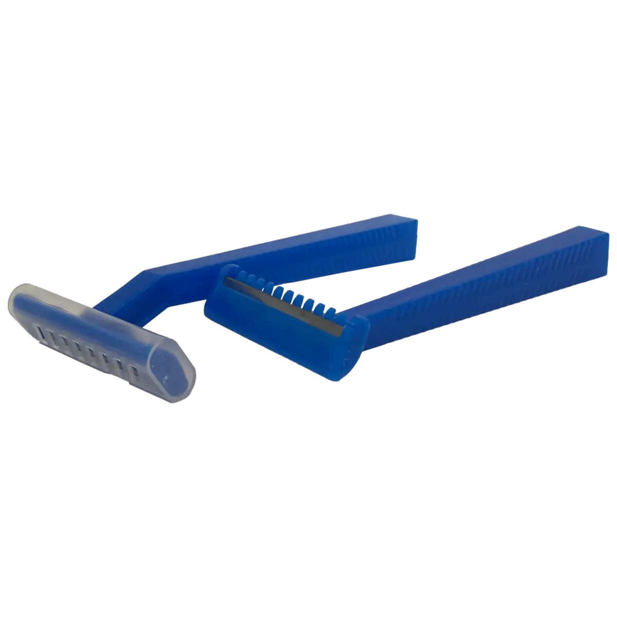 Unigloves disposable razor featuring a blue plastic body with a clear protective cap for single use shaving