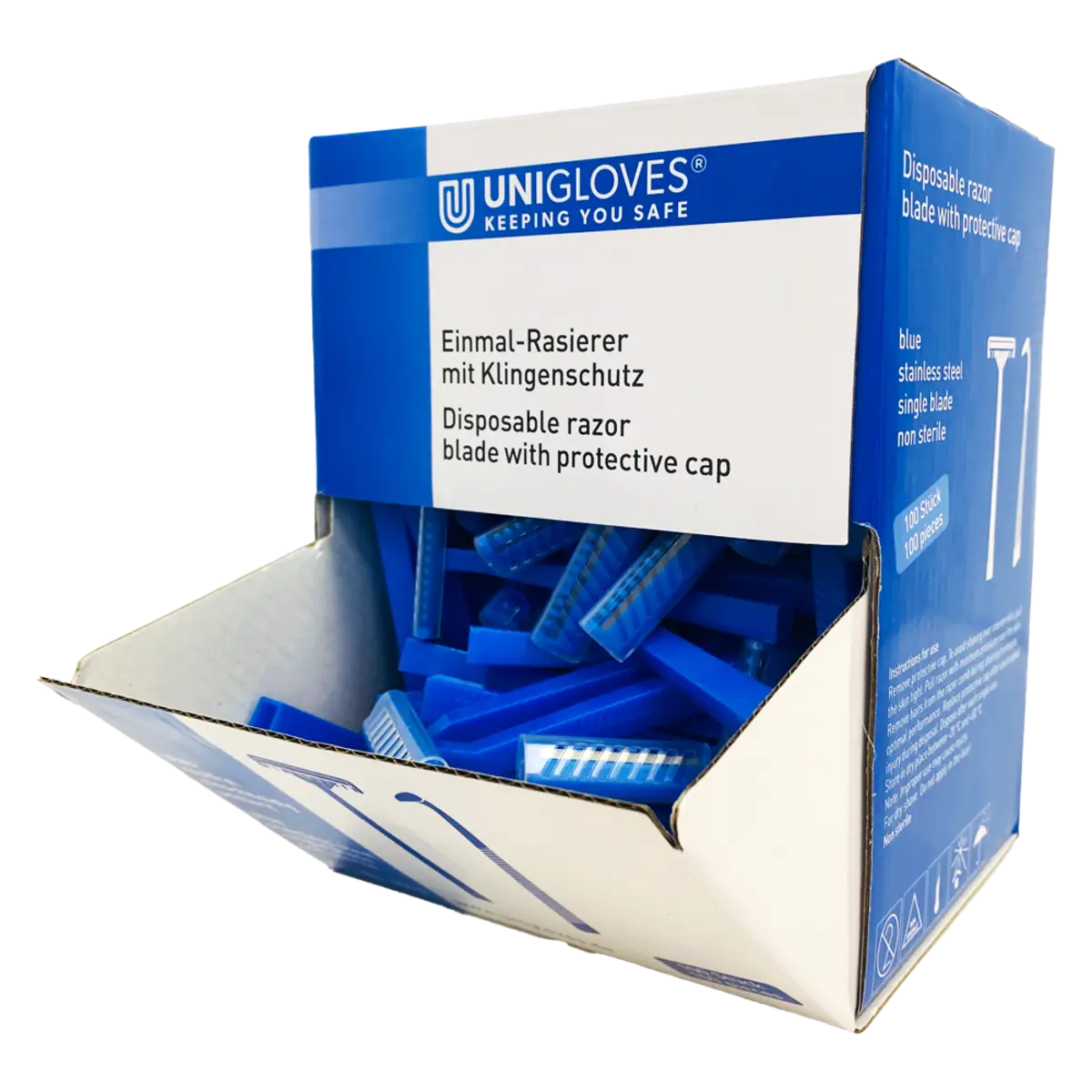 Blue disposable razor blades with protective caps in unigloves branded box for safe shaving use