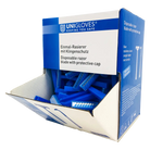 Blue disposable razor blades with protective caps in unigloves branded box for safe shaving use