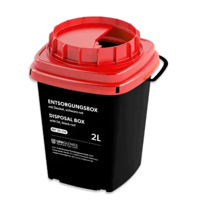 Unigloves disposal sharps bin 2l black plastic with bright red lid and handle for safe medical waste disposal
