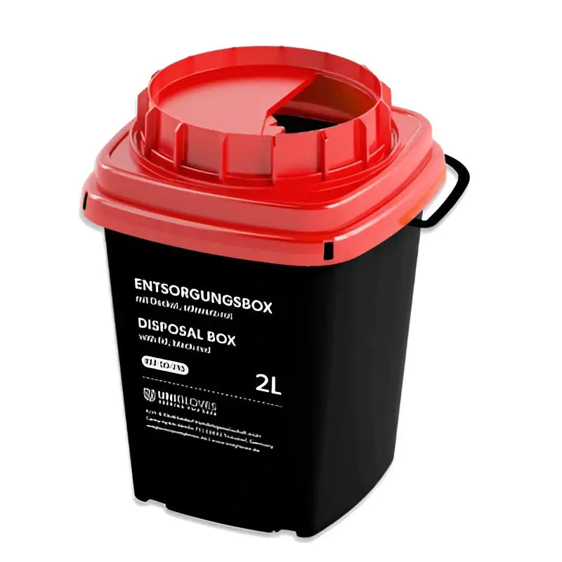 Unigloves disposal sharps bin 2l black plastic with bright red lid and handle for safe medical waste disposal
