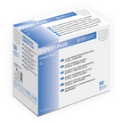 White and blue cardboard box of unigloves expert plus sterile powder-free latex surgical gloves