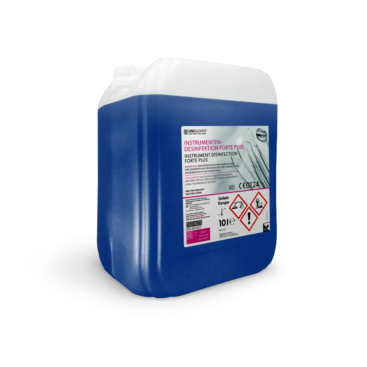 Blue and white plastic container of unigloves instrument disinfectant forte plus 5l for medical instrument cleaning