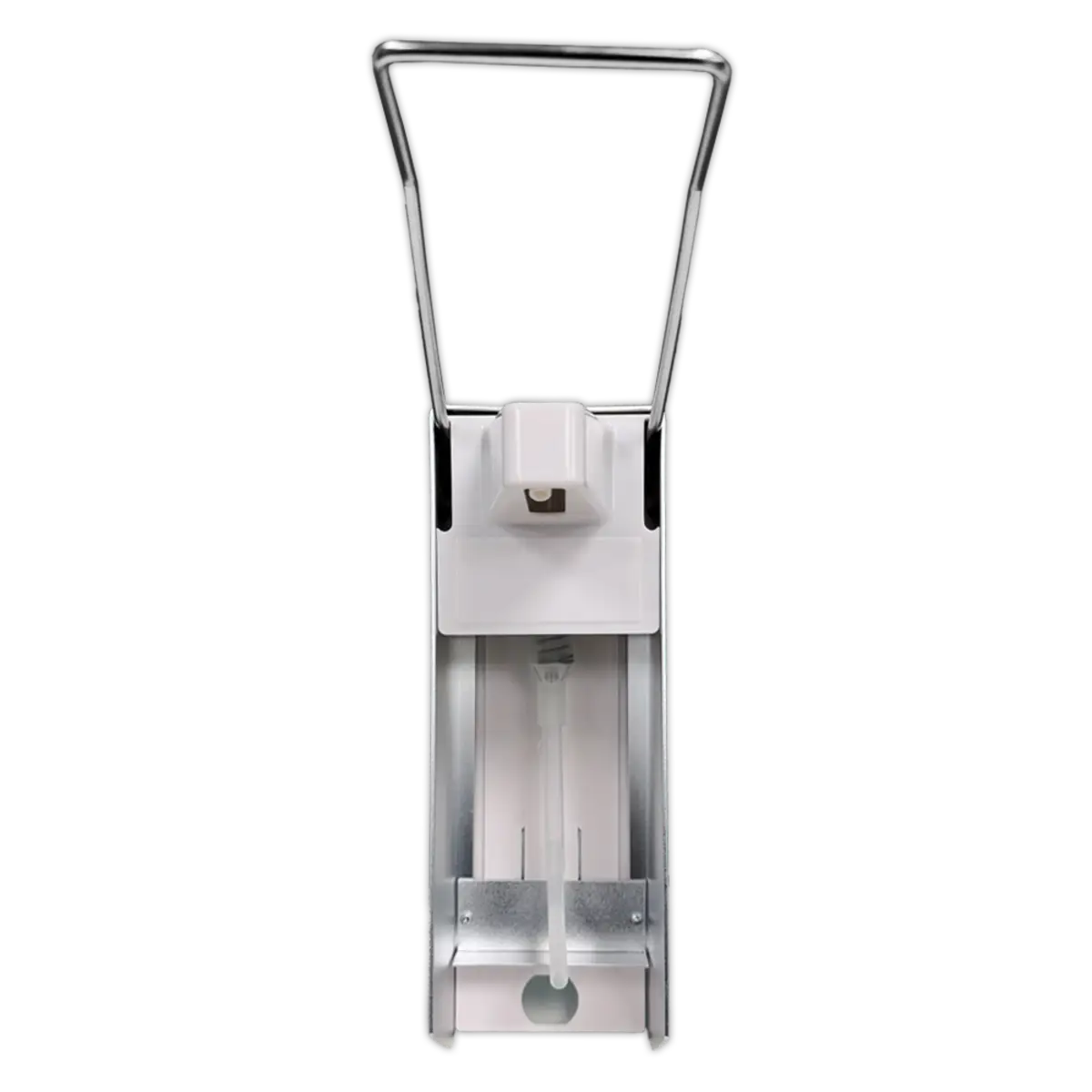 Unigloves long arm dispenser wall-mounted hand sanitizer in silver and white aluminum with a sleek modern design