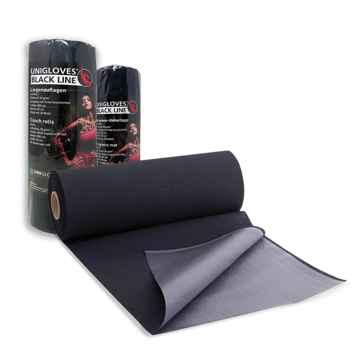 Black Unigloves hygienic mat roll with textured surface and printed product information on branded packaging