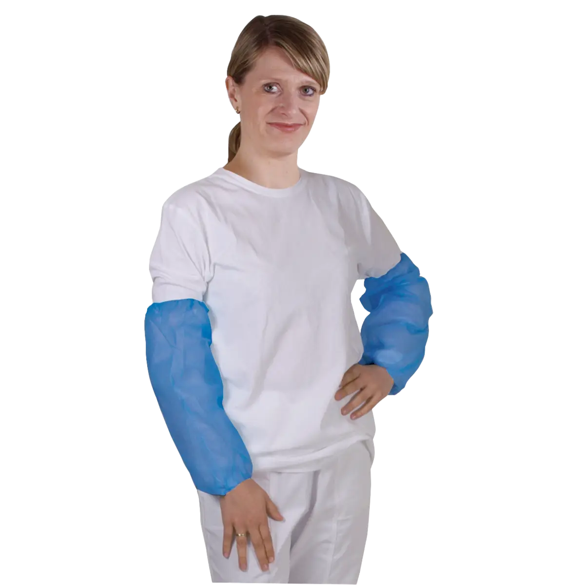 Unigloves blue disposable plastic PE sleeve protectors worn over a white long-sleeved shirt showing front view