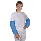Unigloves blue disposable plastic PE sleeve protectors worn over a white long-sleeved shirt showing front view