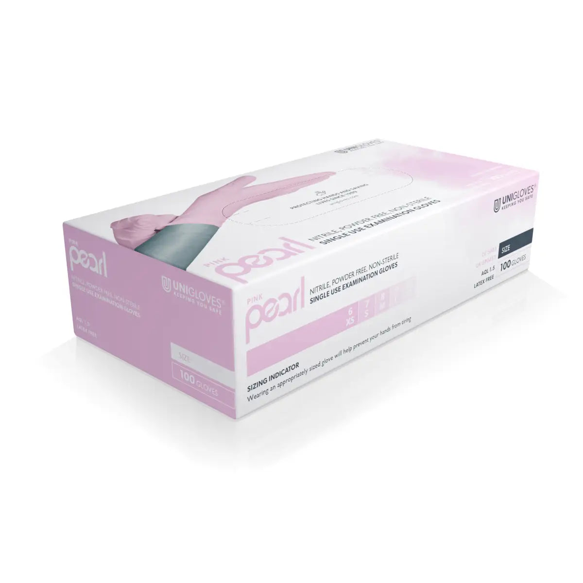 Unigloves pearl pink nitrile examination gloves in a white and pink box for medical and safety use