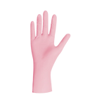 A pink smooth-textured unigloves pearl nitrile glove with a snug fit and natural hand shape