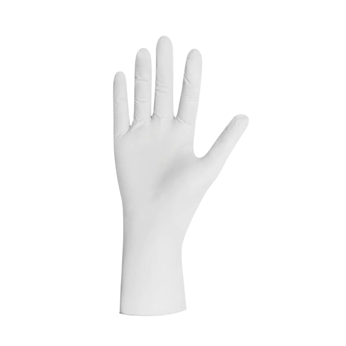 Unigloves pearl white nitrile gloves with smooth glossy finish and natural hand shape shown from the back side