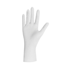 Unigloves pearl white nitrile gloves with smooth glossy finish and natural hand shape shown from the back side