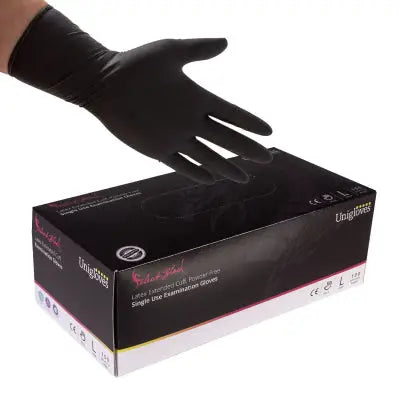 Black latex examination glove with smooth glossy finish and long cuff from unigloves select black series showing back side