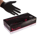 Black powder free latex examination gloves from UNIGLOVES displayed with branded packaging for medical use