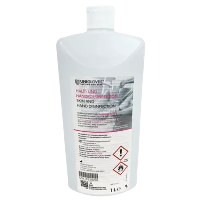 White plastic bottle of unigloves skin and hand disinfection spray with 1 liter capacity for hand hygiene
