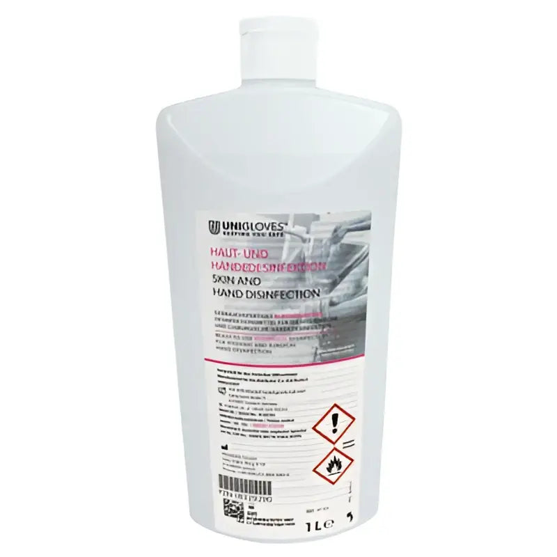 White plastic bottle of unigloves skin and hand disinfection spray with 1 liter capacity for hand hygiene