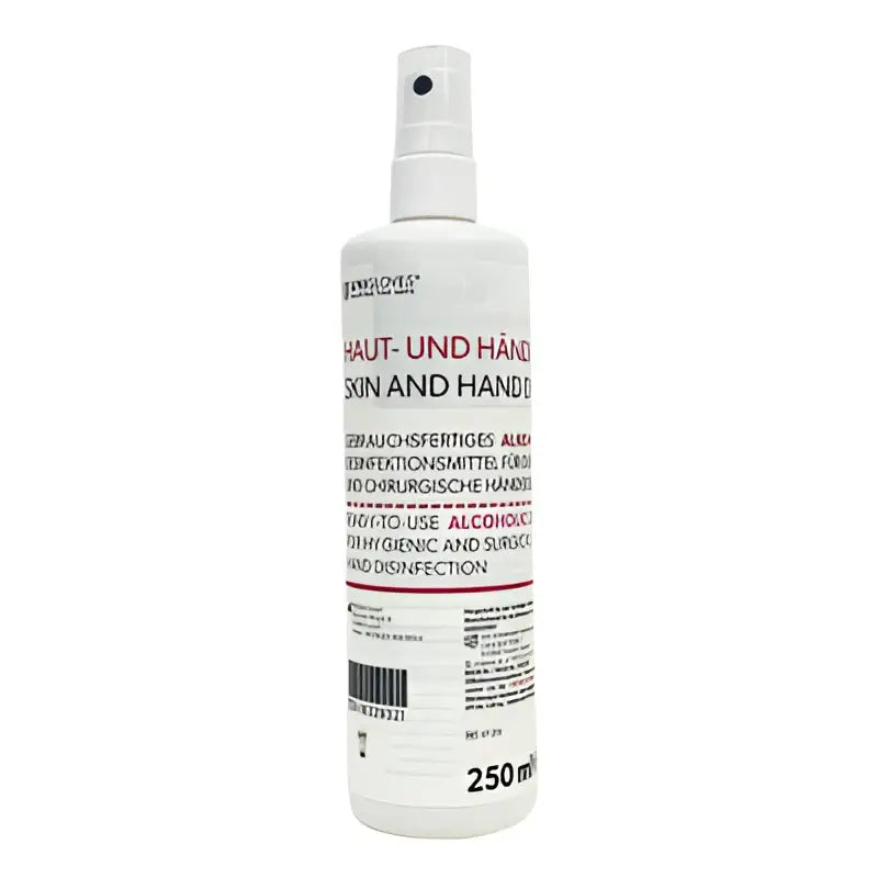 A white spray bottle with a clear nozzle labeled skin and hand disinfectant by unigloves for effective disinfection