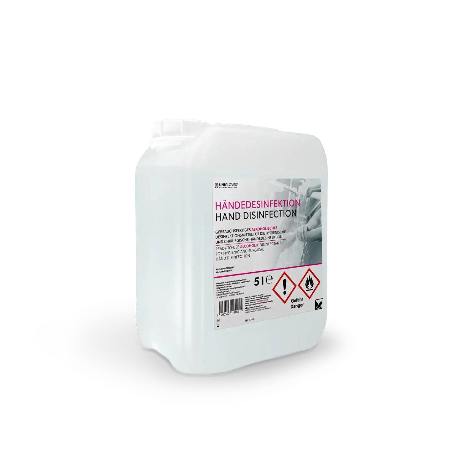 White plastic jug of sungloves brand skin and hand disinfection solution with multilingual label and hazard symbols